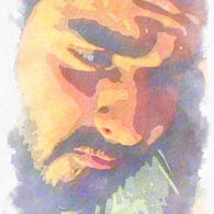 Noordin, a brown man with a black beard, brown eyes, brown skin and black eyebrows, looking downward at an angle. Watercolour.
